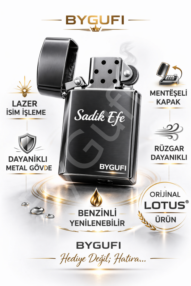 ByGufi Kişiye Özel Orijinal Lotus Benzinli Çakmak Siyah