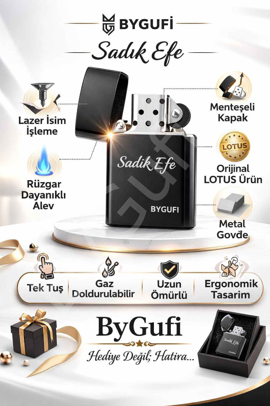 ByGufi Kişiye Özel Orijinal Lotus Benzinli Çakmak Siyah