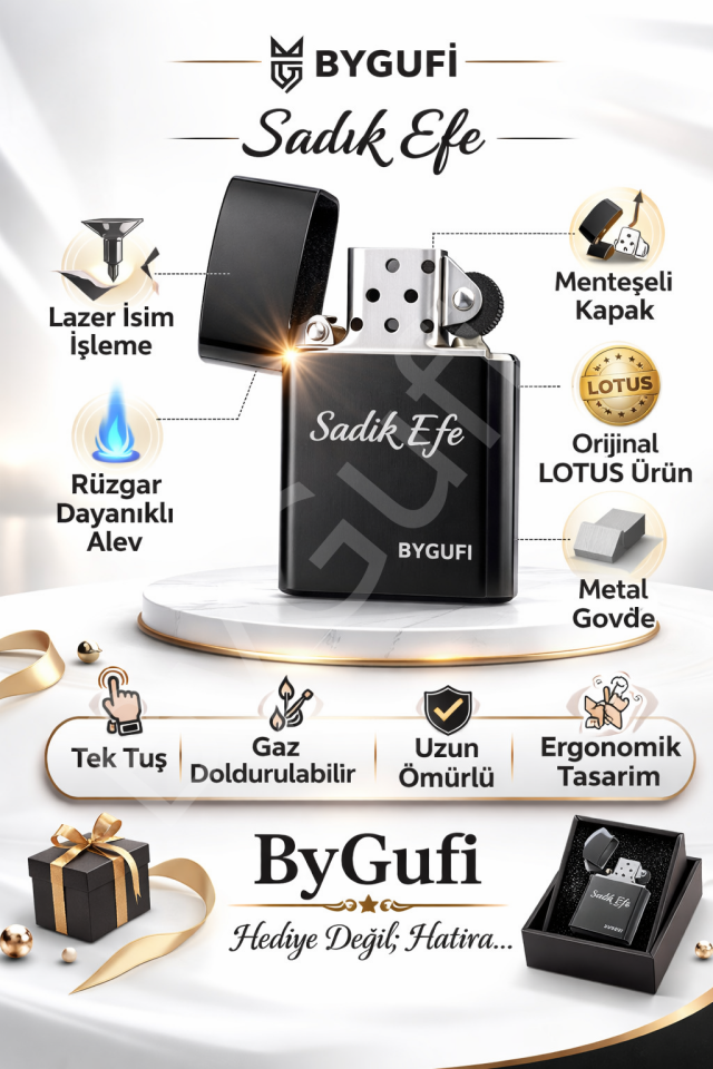 ByGufi Kişiye Özel Orijinal Lotus Benzinli Çakmak Siyah