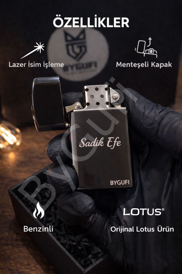 ByGufi Kişiye Özel Orijinal Lotus Benzinli Çakmak Siyah