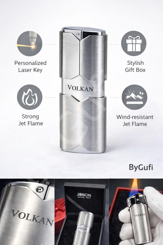 ByGufi Kişiye Özel Jobon Çakmak | Pürmüzlü Metal Gümüş Jet Alevli Çakmak