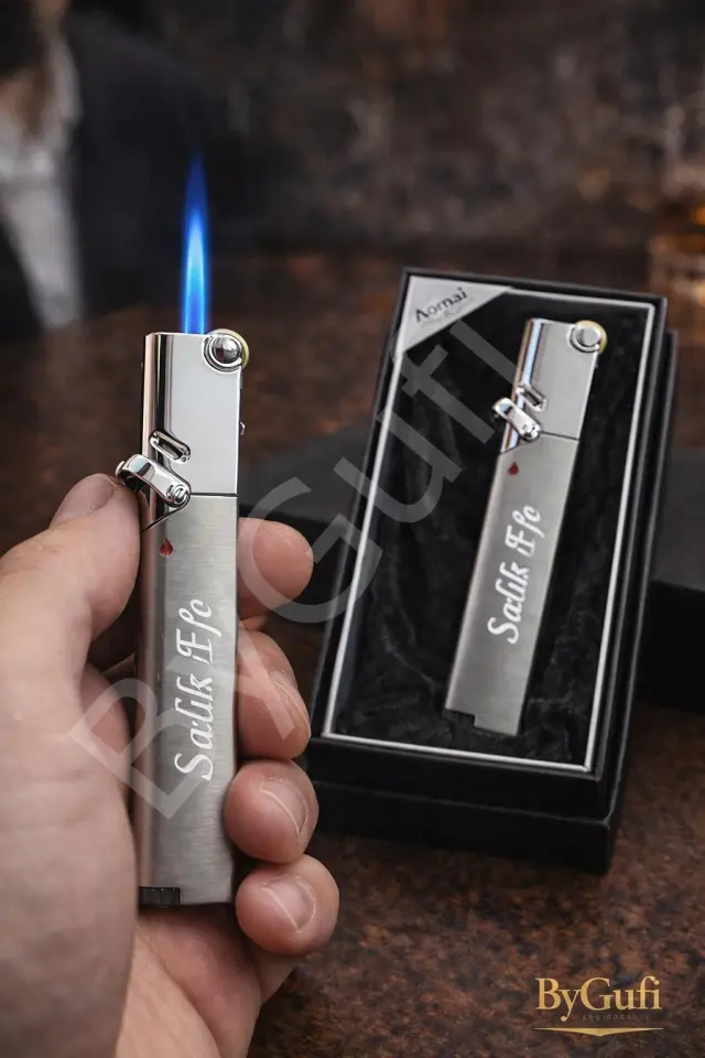 ByGufi Kişiye Özel Aomai Jet Alev Çakmak | İsme Özel Lazer Kazımalı Metal Hediye Çakmak