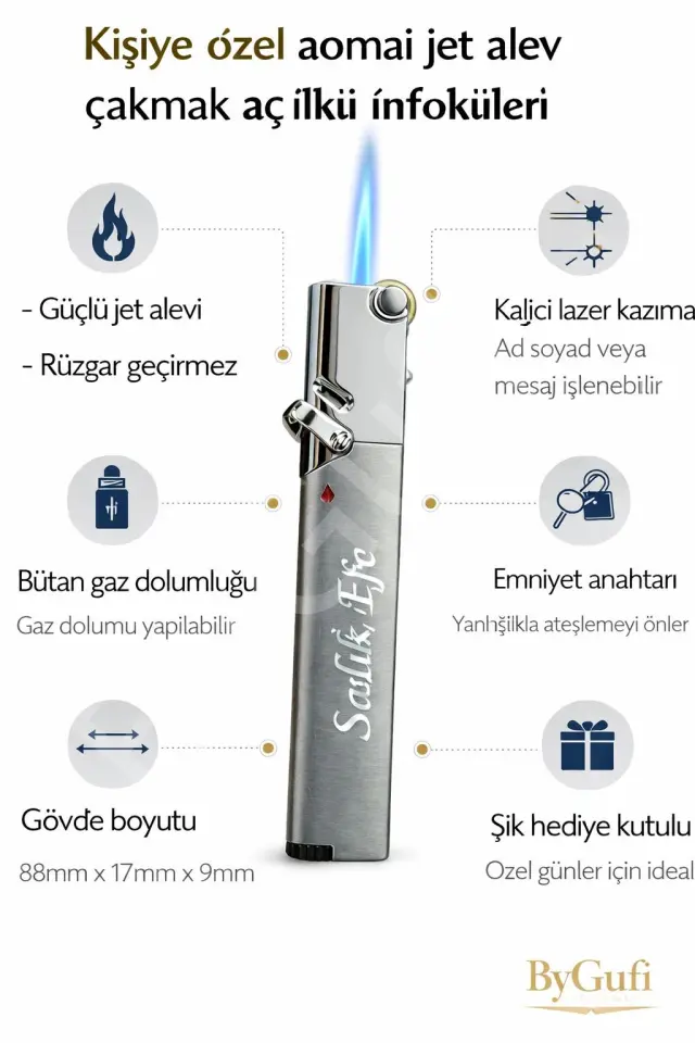ByGufi Kişiye Özel Aomai Jet Alev Çakmak | İsme Özel Lazer Kazımalı Metal Hediye Çakmak