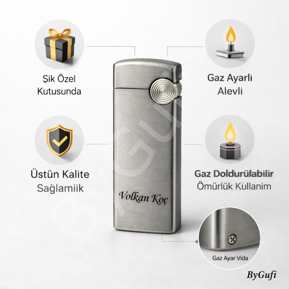 ByGufi İsme Özel Metal Gazlı Çakmak | Lazer Kazımalı Premium Çakmak