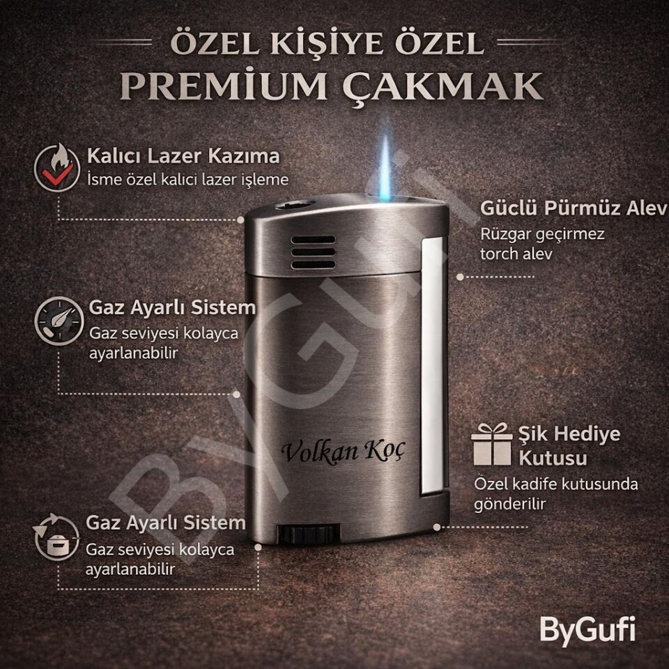 ByGufi Kişiye Özel Aomai Premium Pürmüz Çakmak | Gunmetal Metal Puro Çakmağı