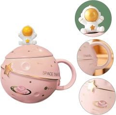 ByGufi Kapaklı Astronot Kupa – 350ml Seramik, Kapaklı ve Kaşıklı, Uzay Temalı Hediye Kupası
