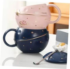 ByGufi Kapaklı Astronot Kupa – 350ml Seramik, Kapaklı ve Kaşıklı, Uzay Temalı Hediye Kupası