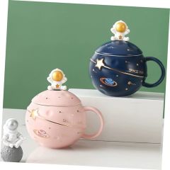 ByGufi Kapaklı Astronot Kupa – 350ml Seramik, Kapaklı ve Kaşıklı, Uzay Temalı Hediye Kupası