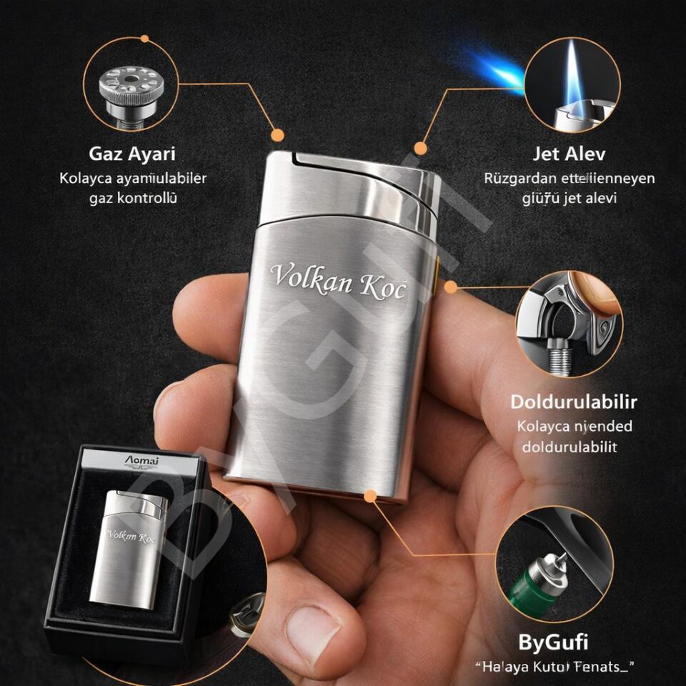 ByGufi İsme Özel Aomai Jet Alevli Slim Metal Çakmak | Lazer Kazımalı Hediye