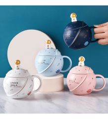 ByGufi Kapaklı Astronot Kupa – 350ml Seramik, Kapaklı ve Kaşıklı, Uzay Temalı Hediye Kupası