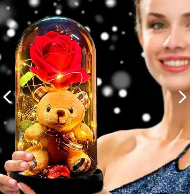 Fanus Içerisinde Peri Led Işıklı Solmayan Kırmızı Gül Tutan Peluş Ayıcık Lamba