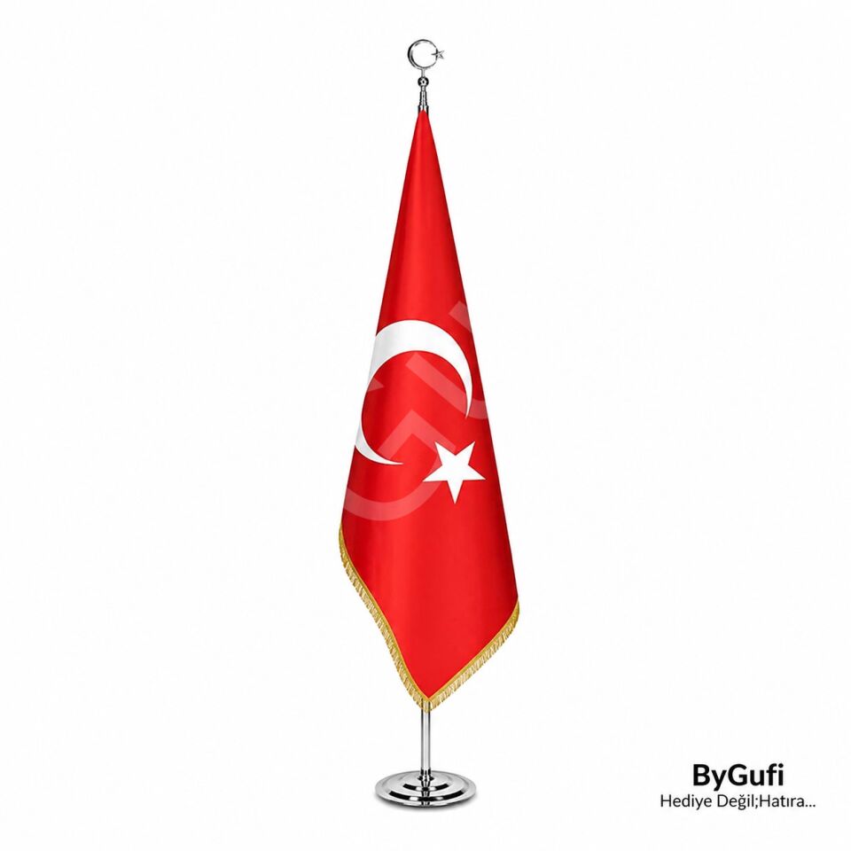 ByGufi Türk Makam Bayrağı Krom Direkli, Saçaklı 100x150cm