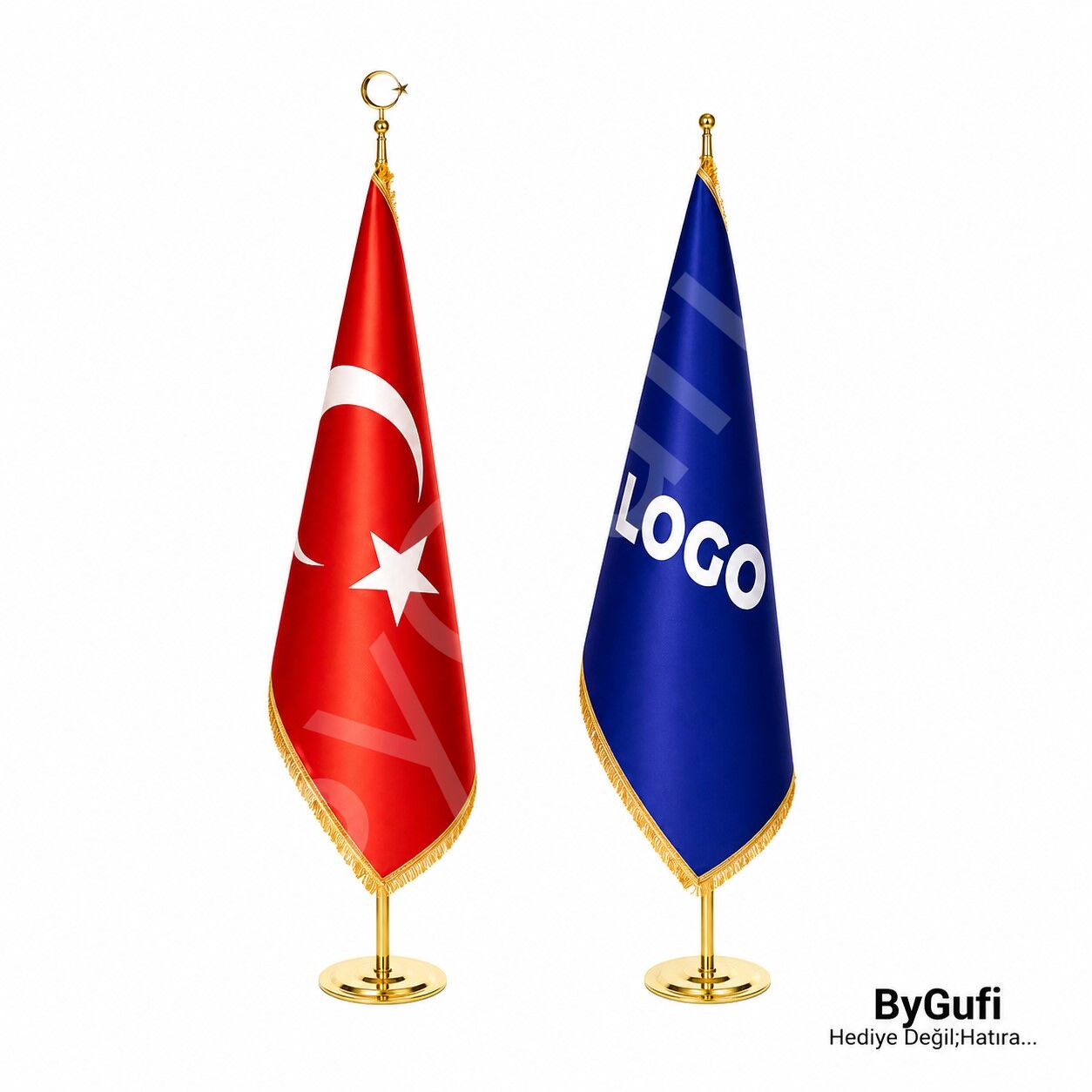 ByGufi Hediye Makam Bayrak Seti 2’li (Gold Direkli, Saçaklı)