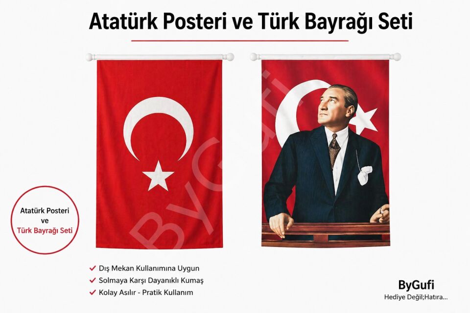 ByGufi Hediye Atatürk Posteri ve Türk Bayrağı 100x150 cm