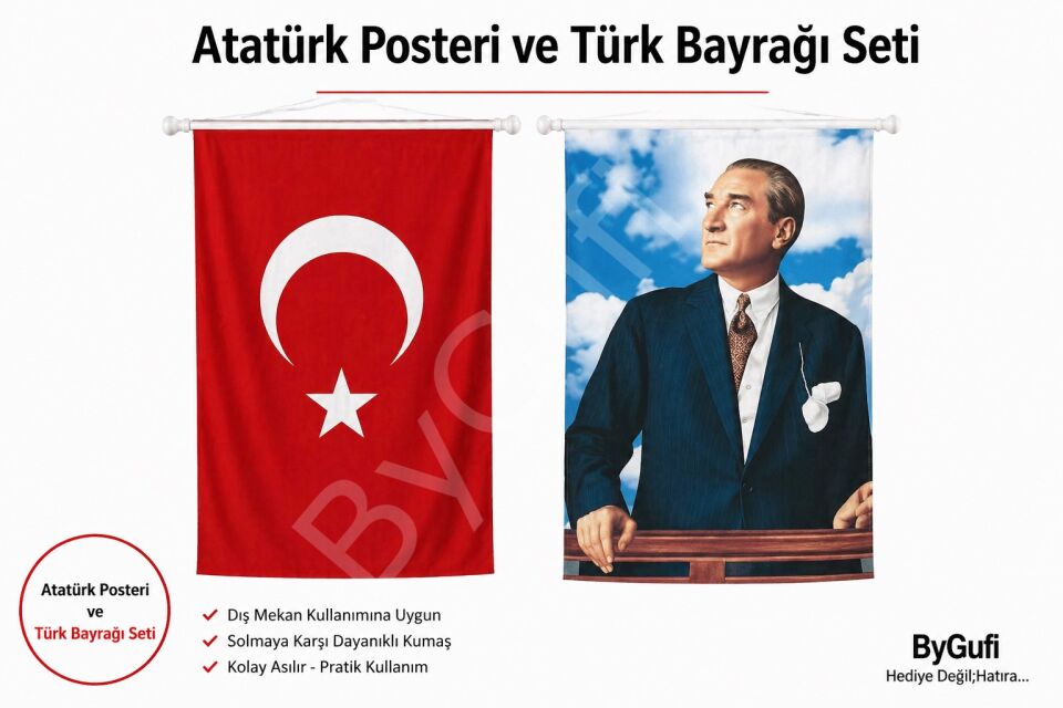ByGufi Hediye Atatürk Posteri ve Türk Bayrağı 100x150 cm