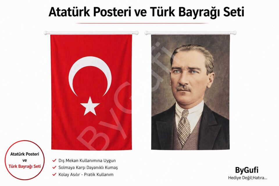 ByGufi Hediye Atatürk Posteri ve Türk Bayrağı 100x150 cm