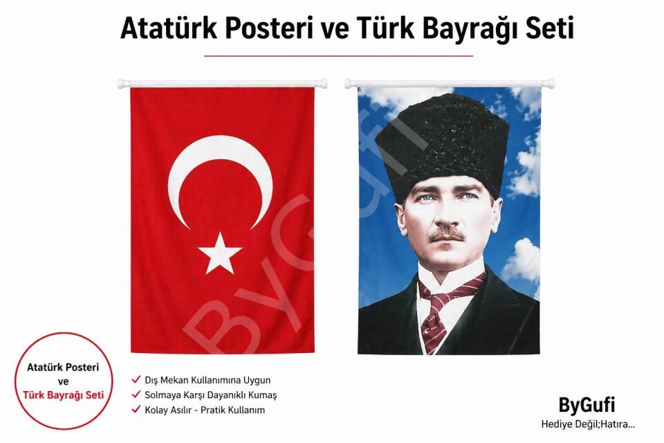 ByGufi Hediye Atatürk Posteri ve Türk Bayrağı 100x150 cm