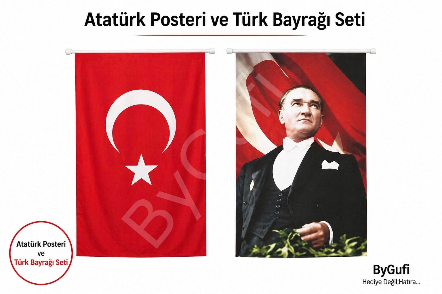 ByGufi Hediye Atatürk Posteri ve Türk Bayrağı 100x150 cm