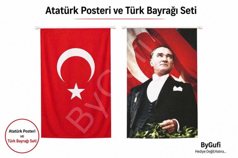 ByGufi Hediye Atatürk Posteri ve Türk Bayrağı 100x150 cm