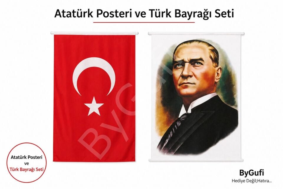 ByGufi Hediye Atatürk Posteri ve Türk Bayrağı 100x150 cm