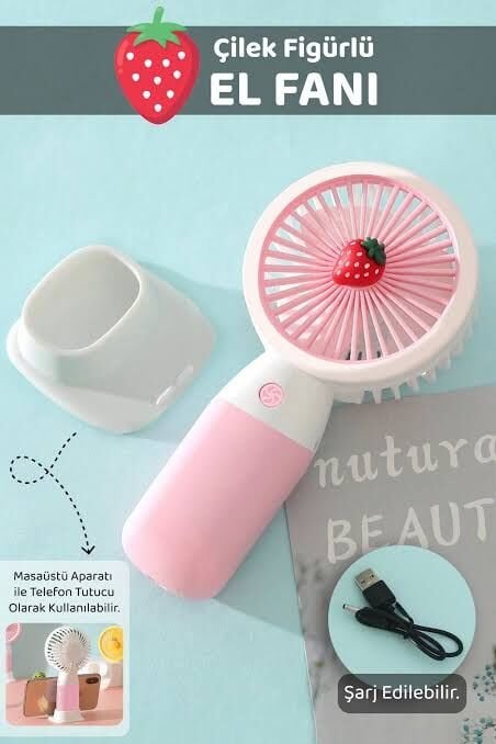 ByGufi Hediyelik Şarjlı El Fanı – Çilek Figürlü | Kompakt ve Taşınabilir Mini Fan