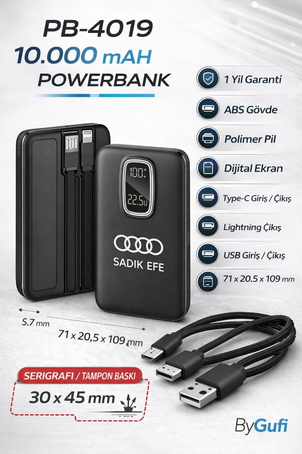 ByGufi Kişiye Özel Hediye 10.000 mAh Powerbank