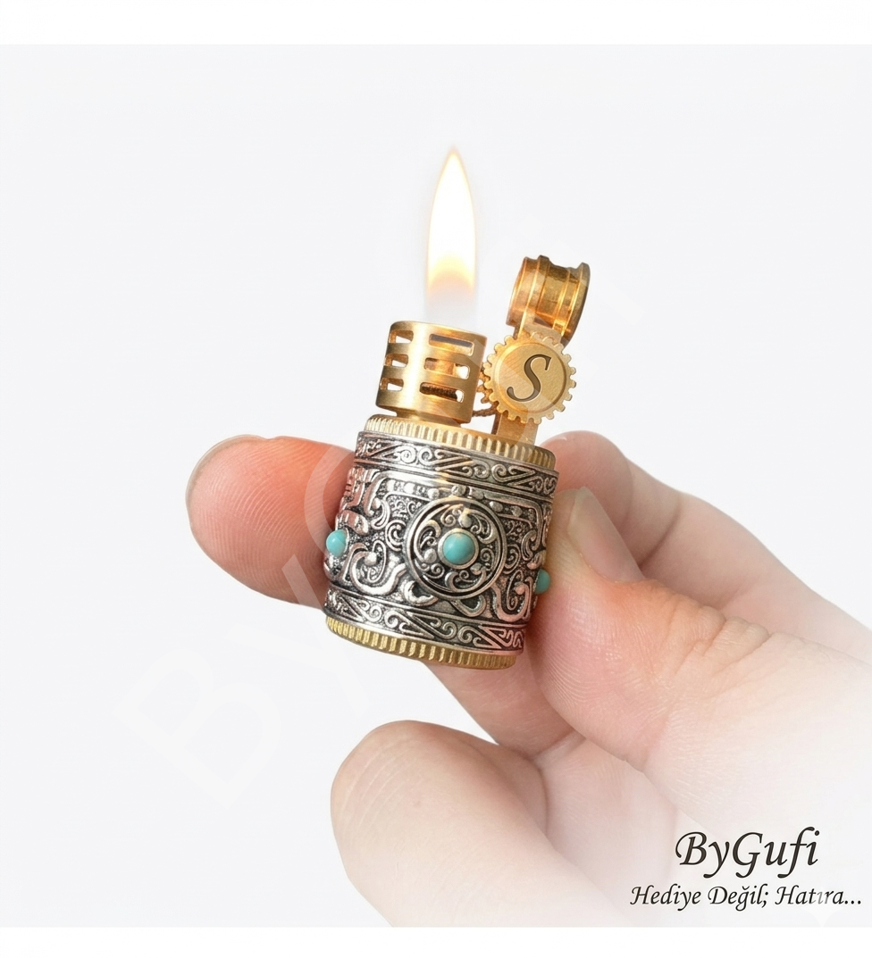 ByGufi Kişiye Özel Chief Antika Model Yüzük Çakmak – Retro Osmanlı Tasarım Benzinli / Metal Gövde / Turkuaz Taş Detaylı / Orijinal Hediye Kutulu