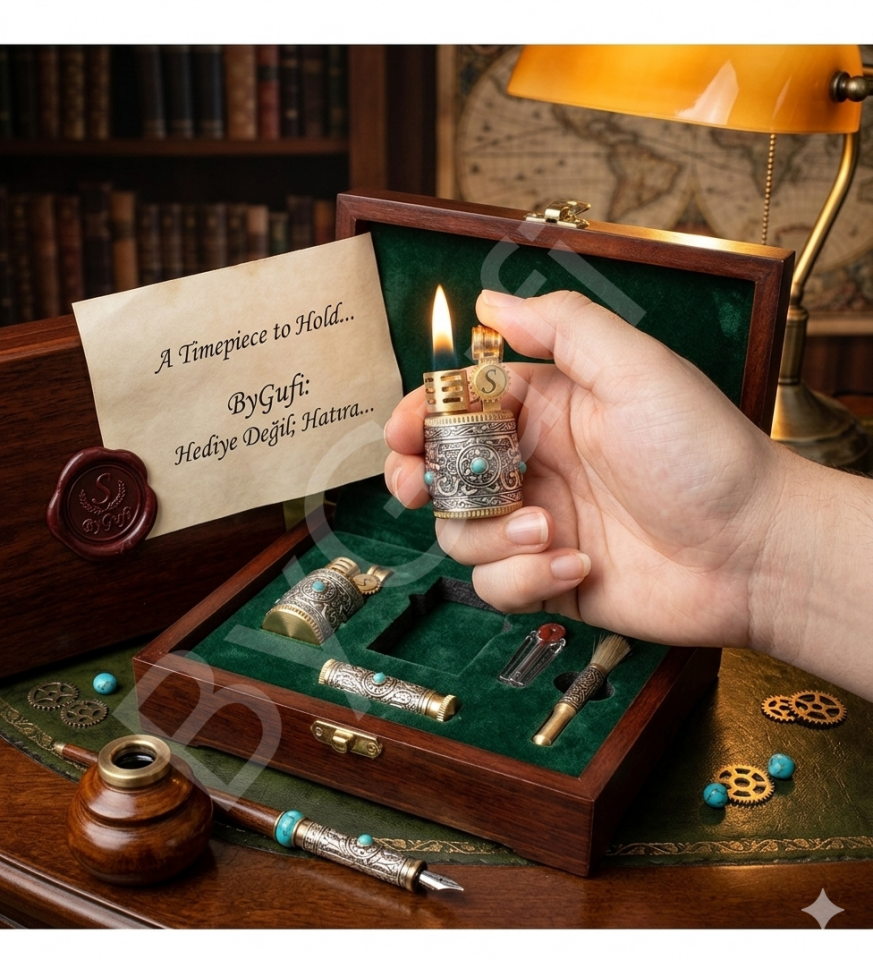 ByGufi Kişiye Özel Chief Antika Model Yüzük Çakmak – Retro Osmanlı Tasarım Benzinli / Metal Gövde / Turkuaz Taş Detaylı / Orijinal Hediye Kutulu