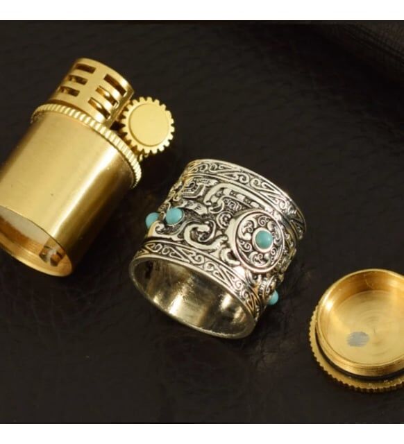 ByGufi Kişiye Özel Chief Antika Model Yüzük Çakmak – Retro Osmanlı Tasarım Benzinli / Metal Gövde / Turkuaz Taş Detaylı / Orijinal Hediye Kutulu