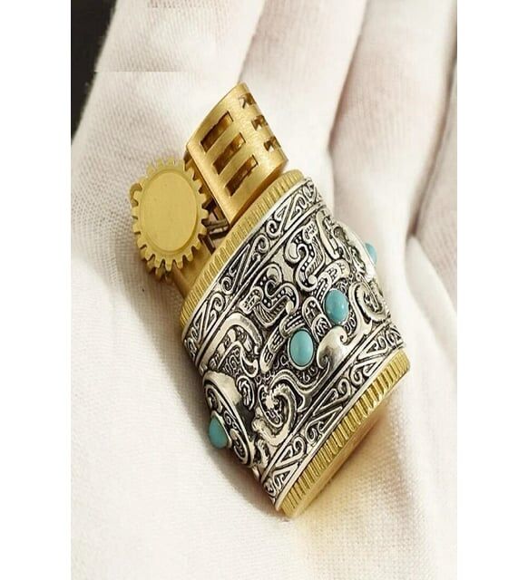 ByGufi Kişiye Özel Chief Antika Model Yüzük Çakmak – Retro Osmanlı Tasarım Benzinli / Metal Gövde / Turkuaz Taş Detaylı / Orijinal Hediye Kutulu