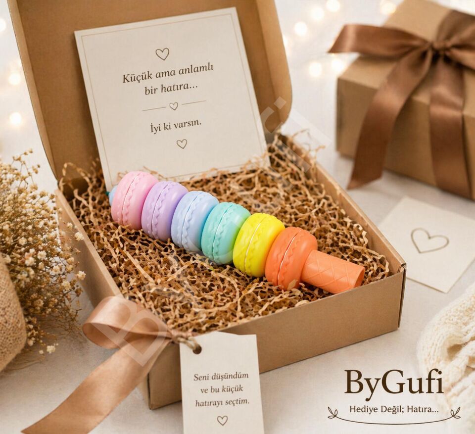 ByGufi Hediyelik Makaron Tasarımlı Fosforlu Kalem Seti