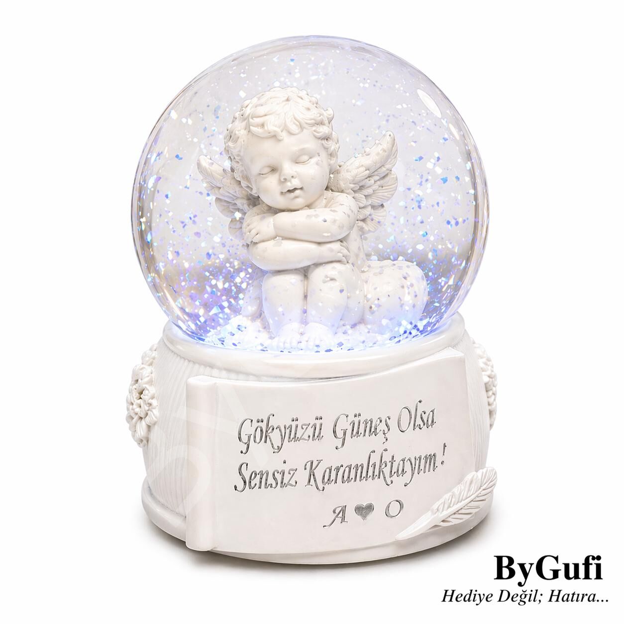 ByGufi Kişiye Özel Hediye Beyaz Melek Işıklı Kar Küresi