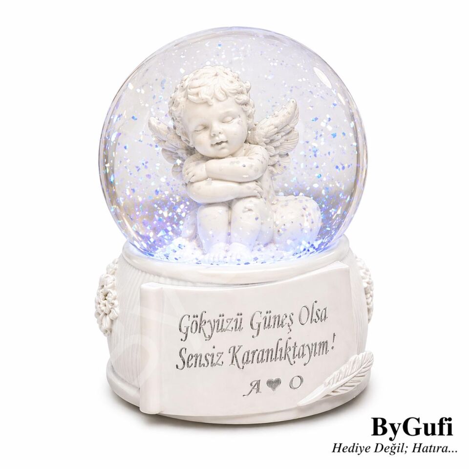 ByGufi Kişiye Özel Hediye Beyaz Melek Işıklı Kar Küresi