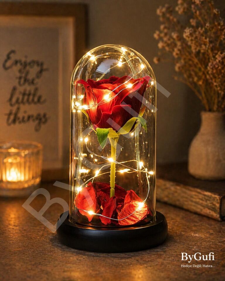 ByGufi Fanus İçinde Hediye Solmayan Gül
