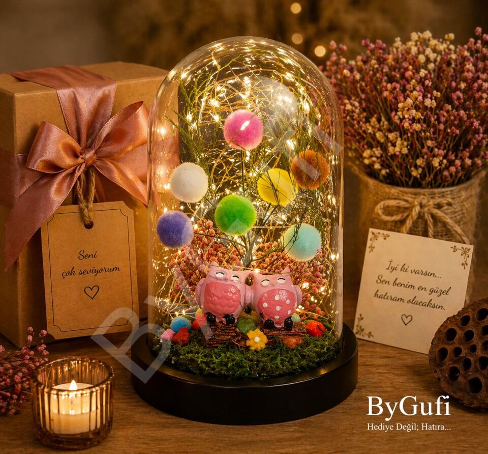 ByGufi Hediyelik Best Friends Baykuş Işıklı Teraryum