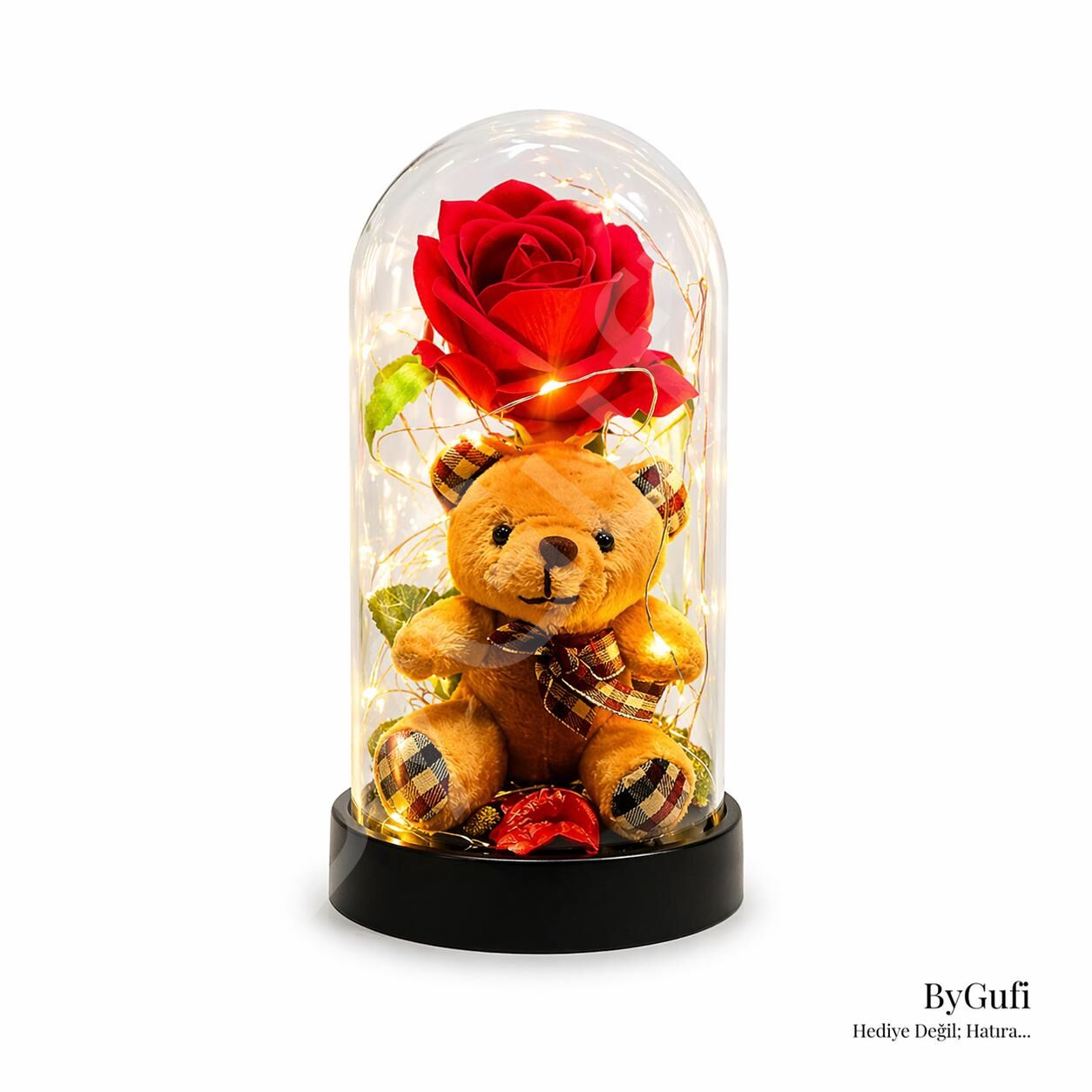 ByGufi Hediye Led Işıklı Solmayan Gül Peluş Ayıcık Lamba