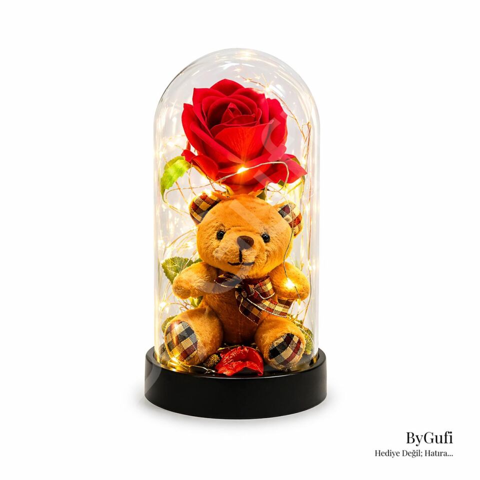 ByGufi Hediye Led Işıklı Solmayan Gül Peluş Ayıcık Lamba