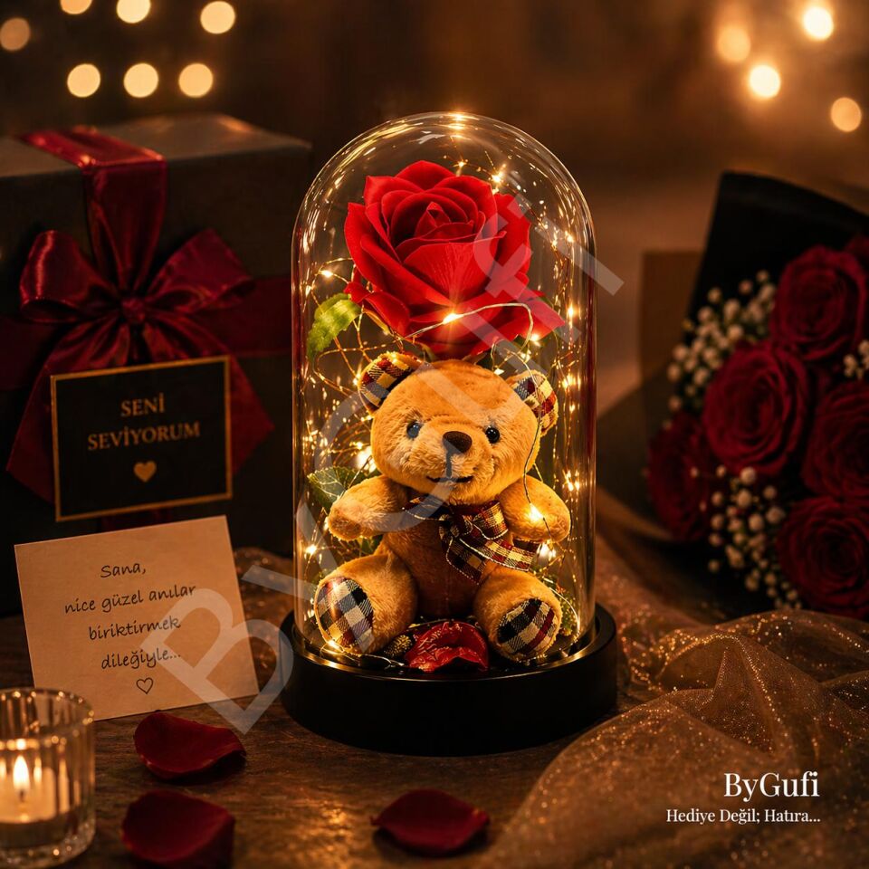 ByGufi Hediye Led Işıklı Solmayan Gül Peluş Ayıcık Lamba