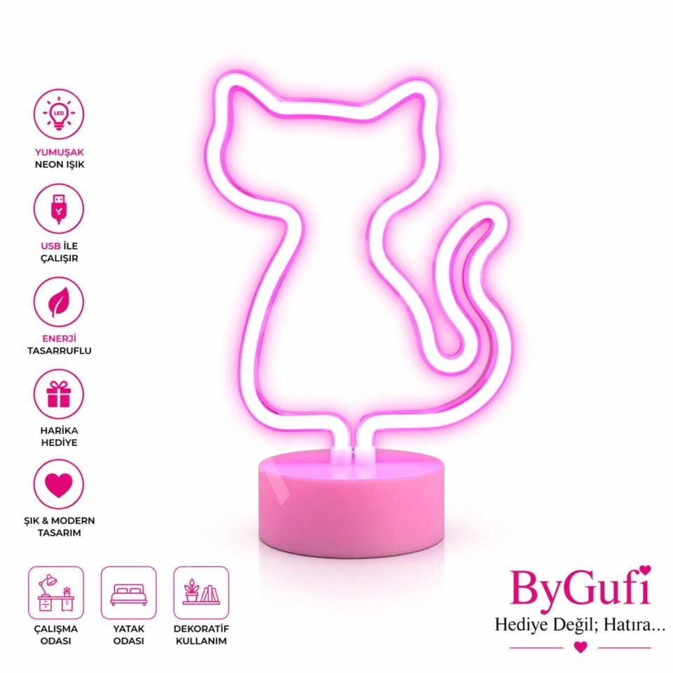 ByGufi Hediyelik LED Neon Gece Lambası – Kedi
