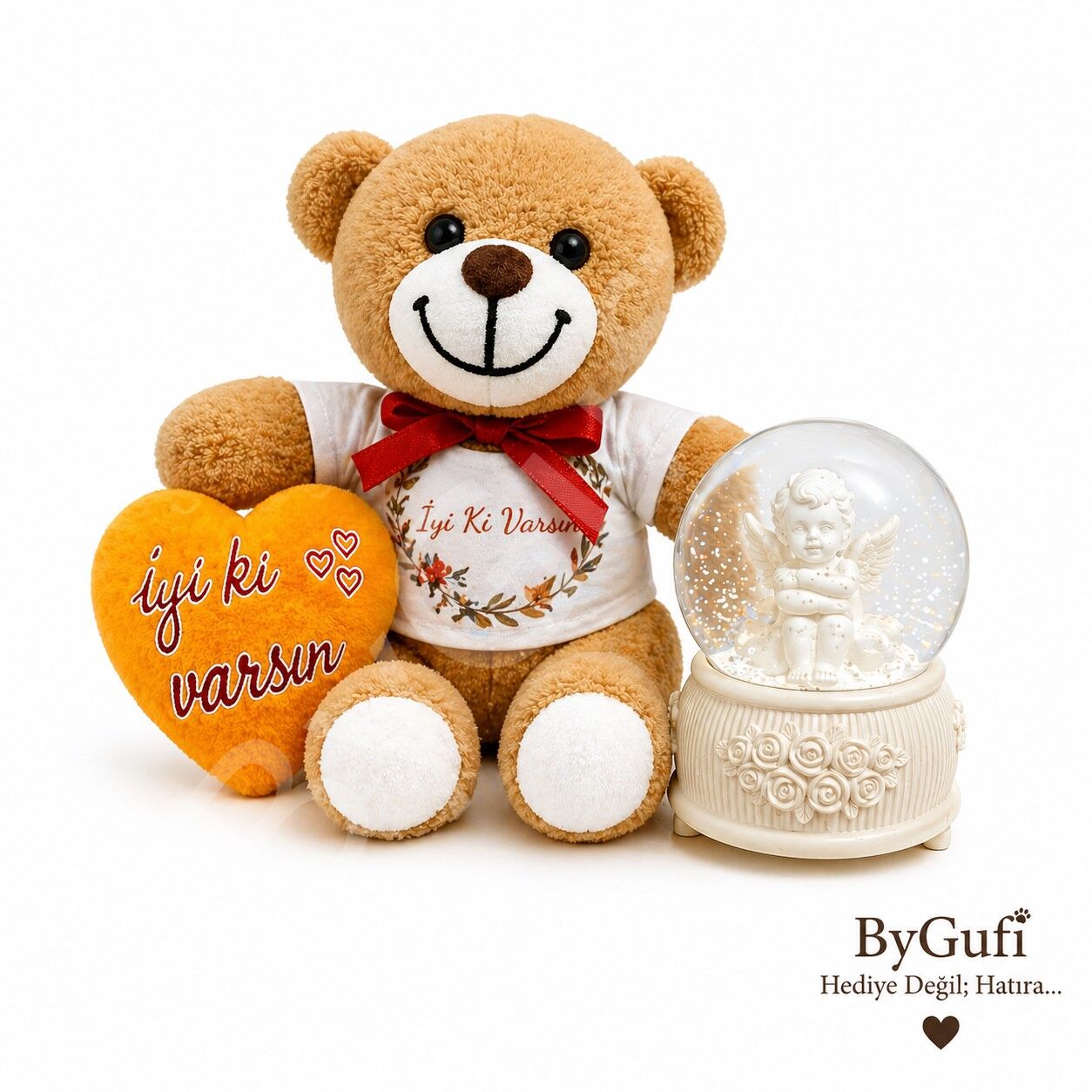 ByGufi Sevgiliye Hediye Melek Kar Küresi ve Peluş Ayıcık Seti
