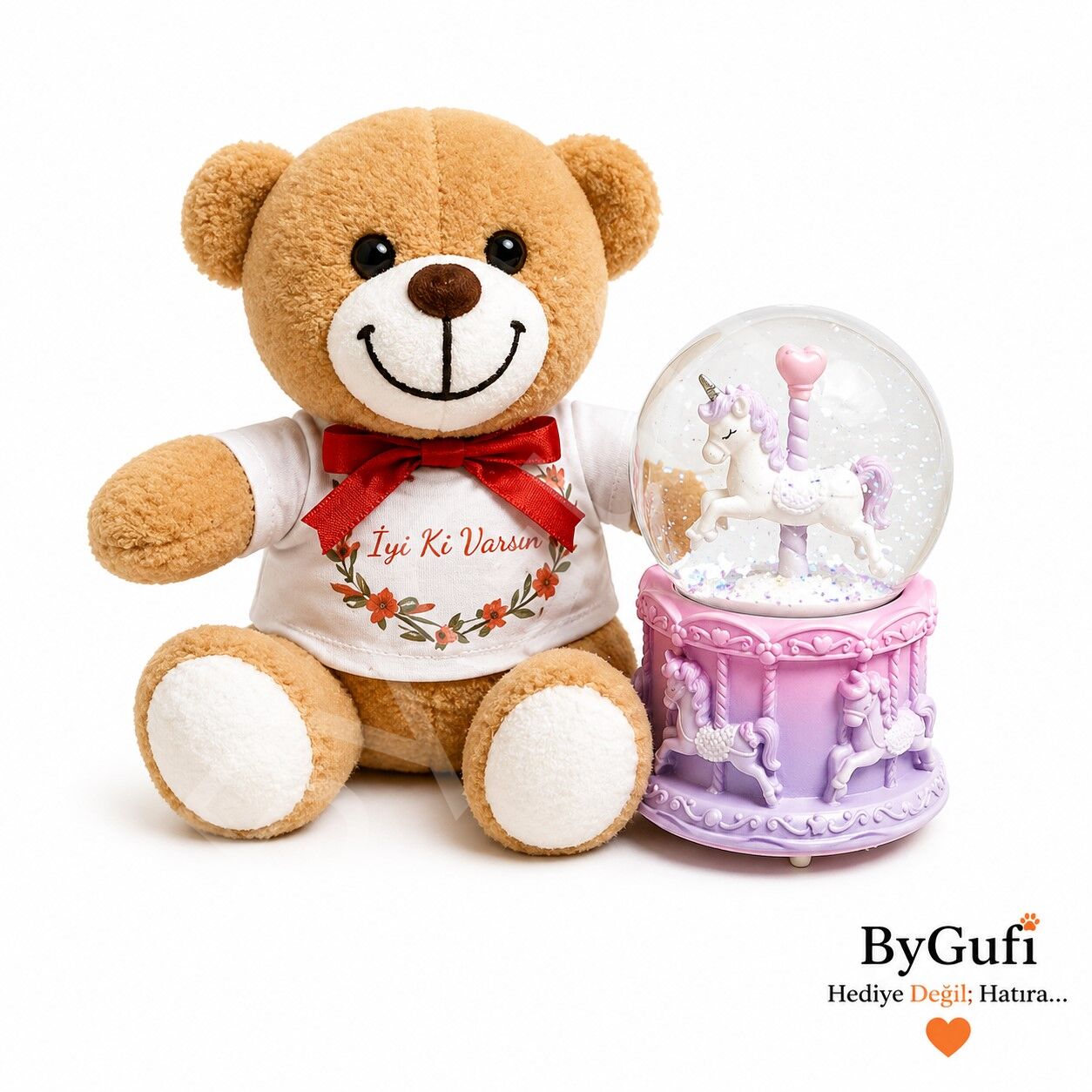 ByGufi Sevgiliye Hediye Unicorn Kar Küresi ve Peluş Ayıcık Seti