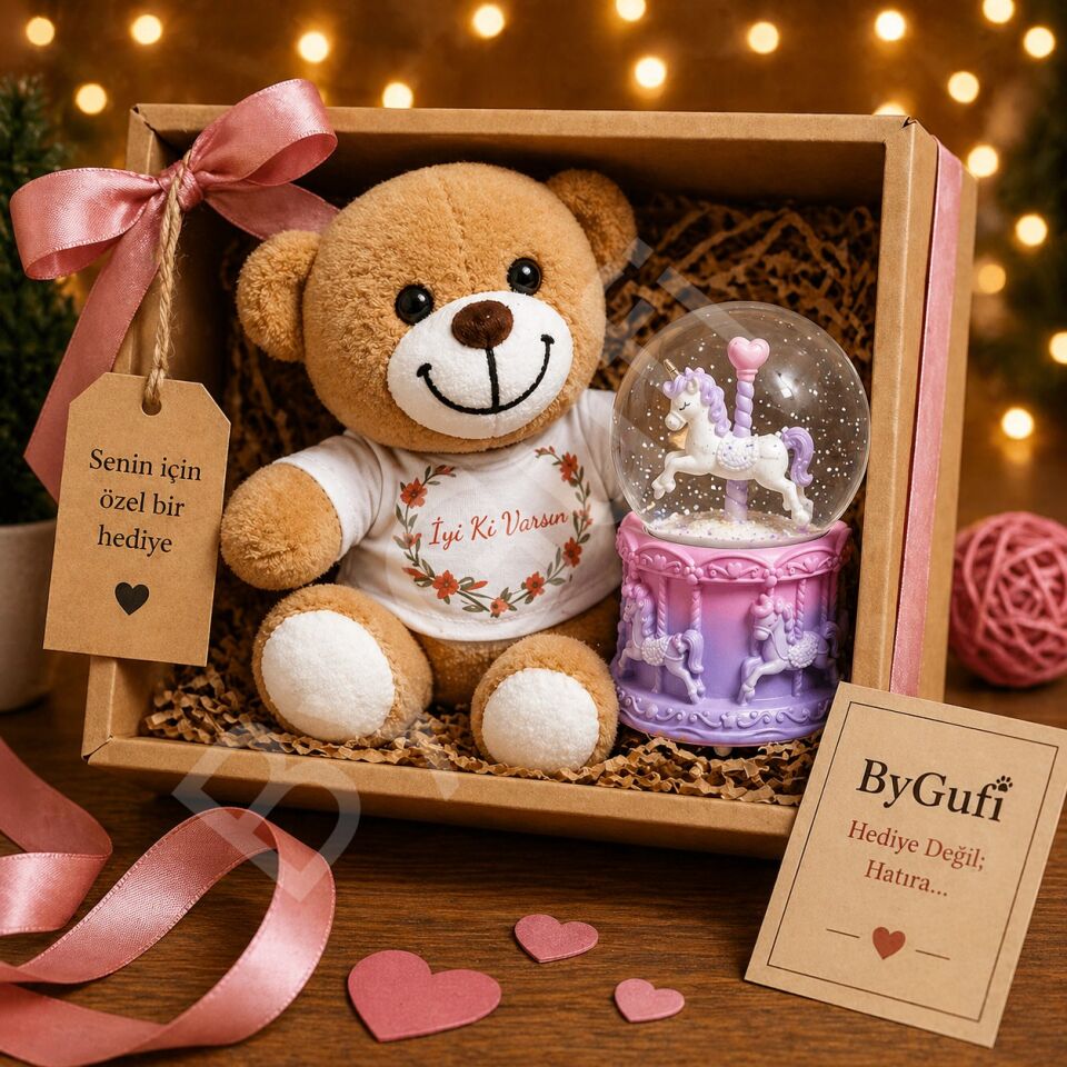 ByGufi Sevgiliye Hediye Unicorn Kar Küresi ve Peluş Ayıcık Seti