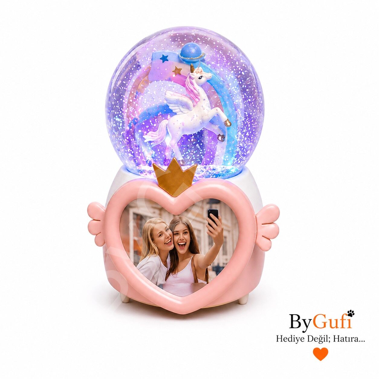 ByGufi Kişiye Özel Hediye Çerçeveli Unicorn Kar Küresi