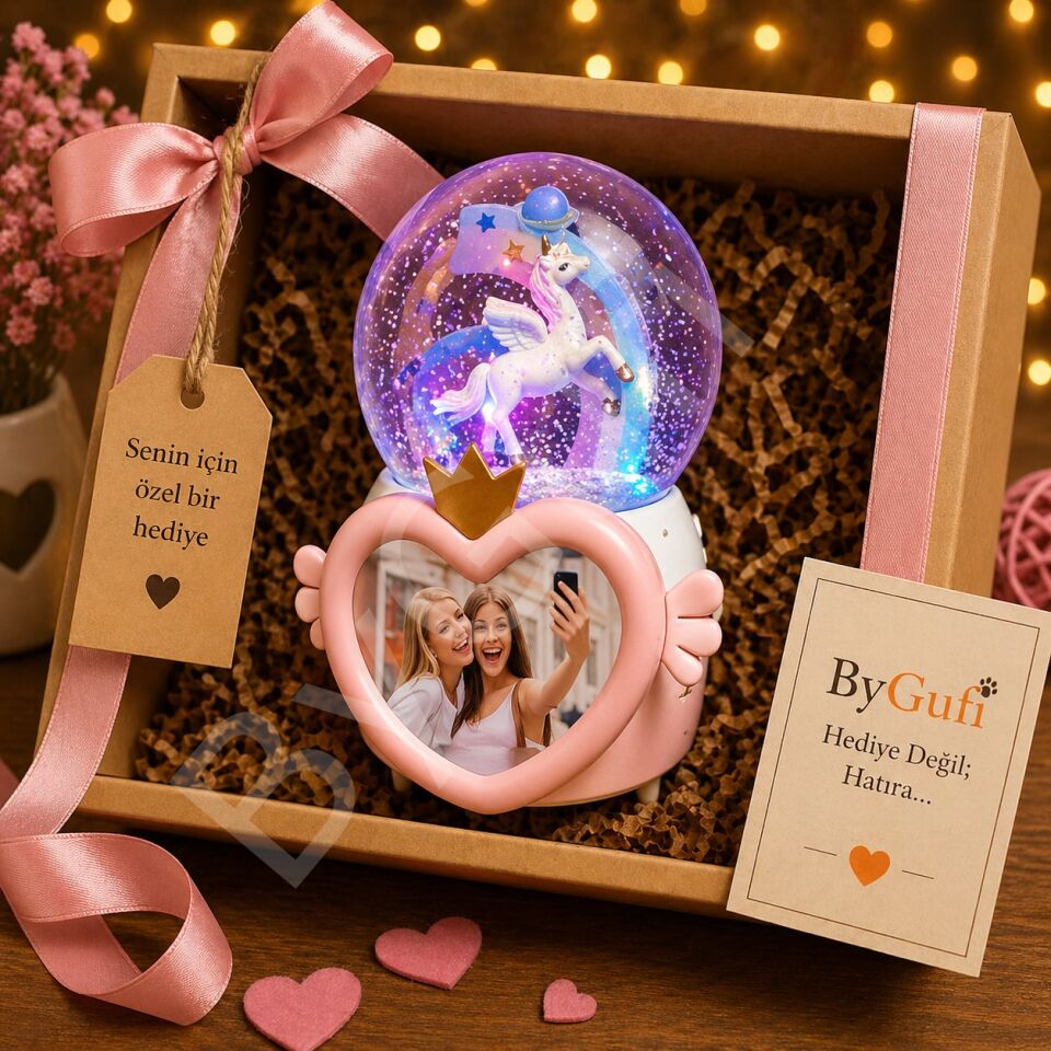 ByGufi Kişiye Özel Hediye Çerçeveli Unicorn Kar Küresi
